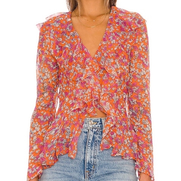 New Free People Floral Ruffle Blouse - Pink and Orange - Picture 2 of 12